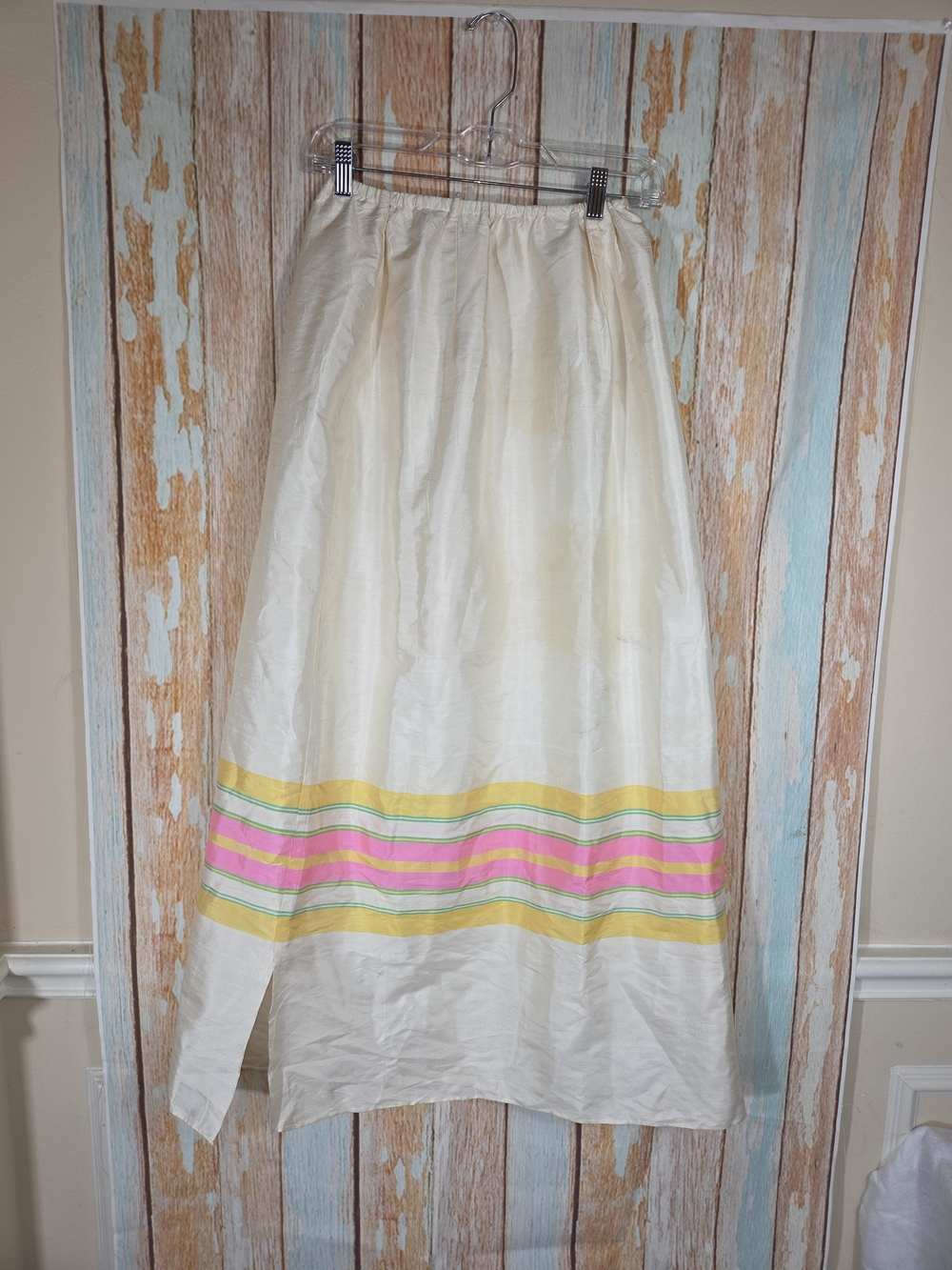 Seoulsilk Vintage Women's Cream Raw Silk Maxi Skirt w/Pastel Stripe Detail.